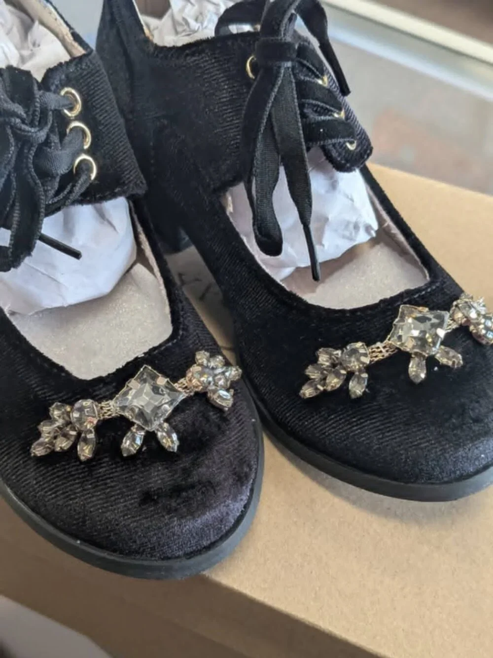 Joyfolie's Tribeca Black Velvet Block Heels, Size T11 - O